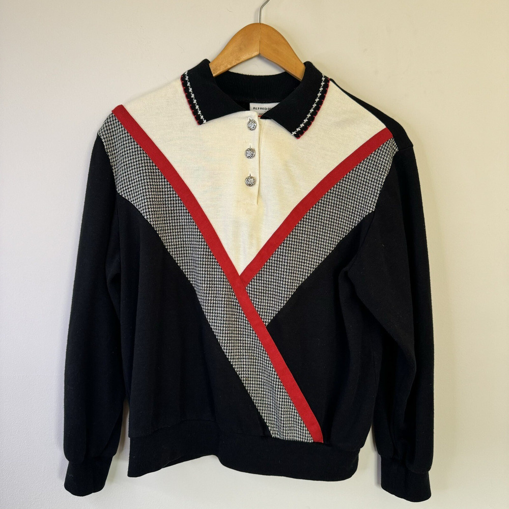 Vintage 80s Alfred Dunner Color Block Collared Sweatshirt Retro Preppy USA S - Picture 3 of 5